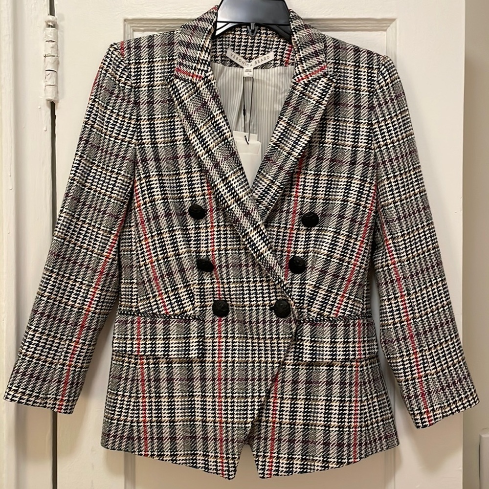 Veronica Beard Black, White & Red Glen Plaid Double-Breasted Blazer